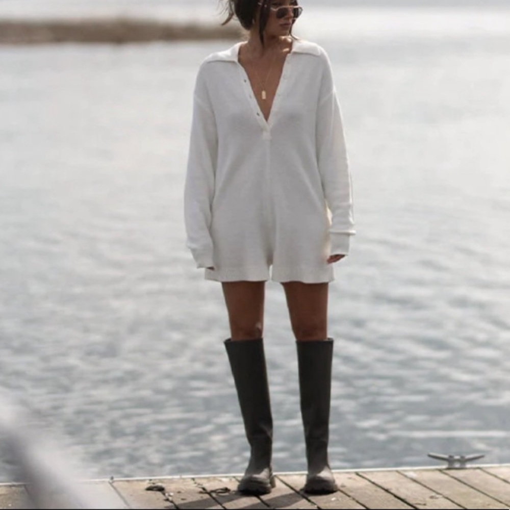 WeWoreWhat Knit Boxy Romper Creamy White Half Button